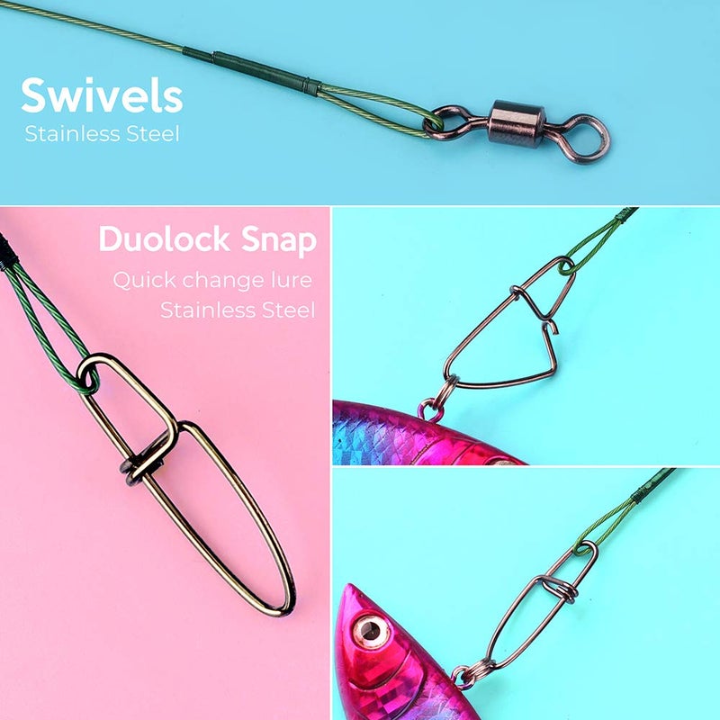 Scotank Fishing Leaders, Fishing Tackle, Fish Line, Stainless Steel Wire, Fish Gear Kit, with Swivels Snap Connect, for Lures Bait Rig Or Hooks Green (3 Size Test 40 Lb) - Image 2